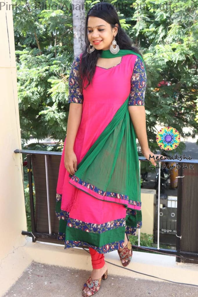 Pink & Blue Anarkali With Duppatta Sets