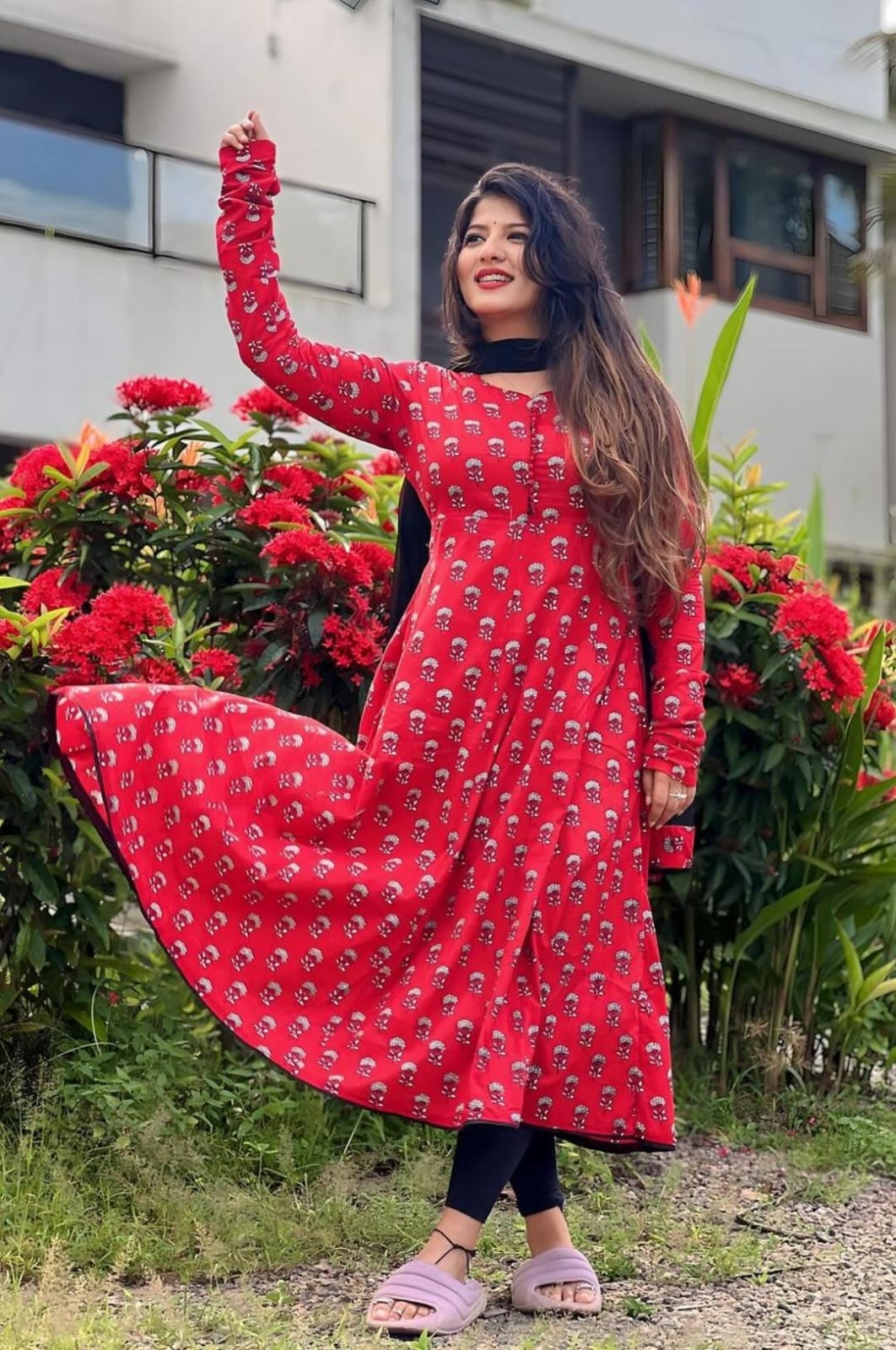 Red & Black Floral jaipuri Anarkali