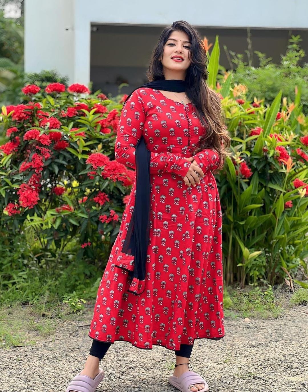 Red & Black Floral jaipuri Anarkali