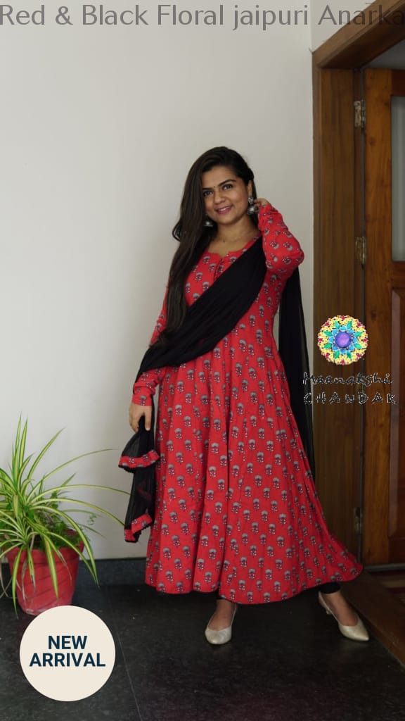Red & Black Floral Jaipuri Anarkali Sets