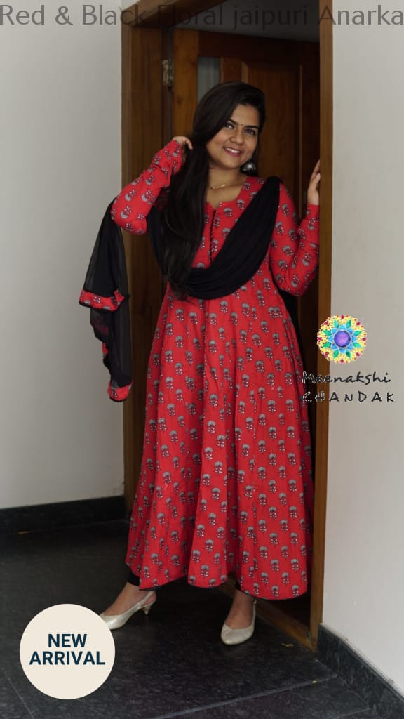 Red & Black Floral Jaipuri Anarkali Sets