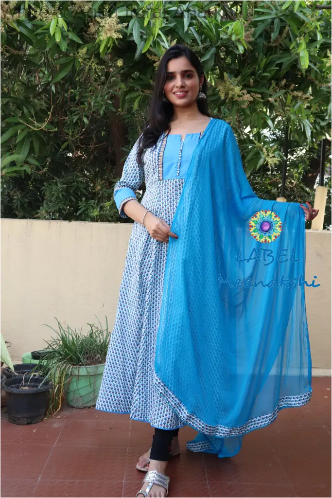 White & Aqua Floral Anarkali Sets
