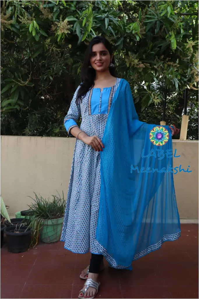 White & Aqua Floral Anarkali Sets