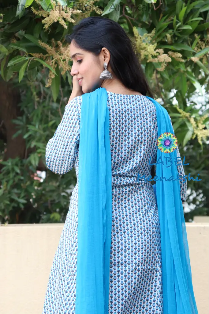 White & Aqua Floral Anarkali Sets