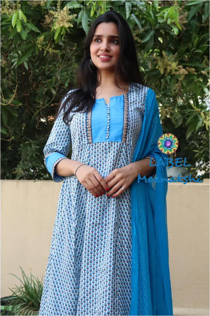 White & Aqua Floral Anarkali Sets