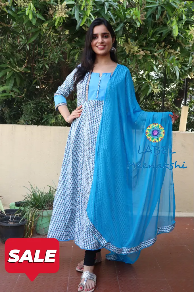 White & Aqua Floral Anarkali Small Sets