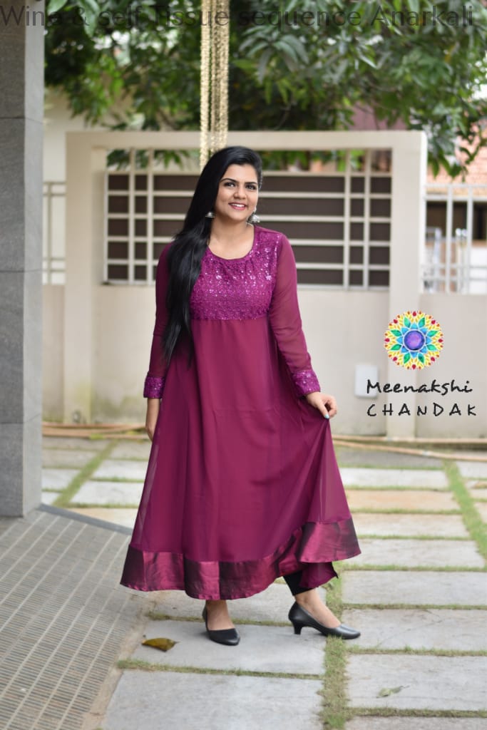 Wine & Self Tissue Sequence Anarkali Ethnic