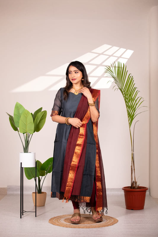 Grey zari straight cut Kurta with lining