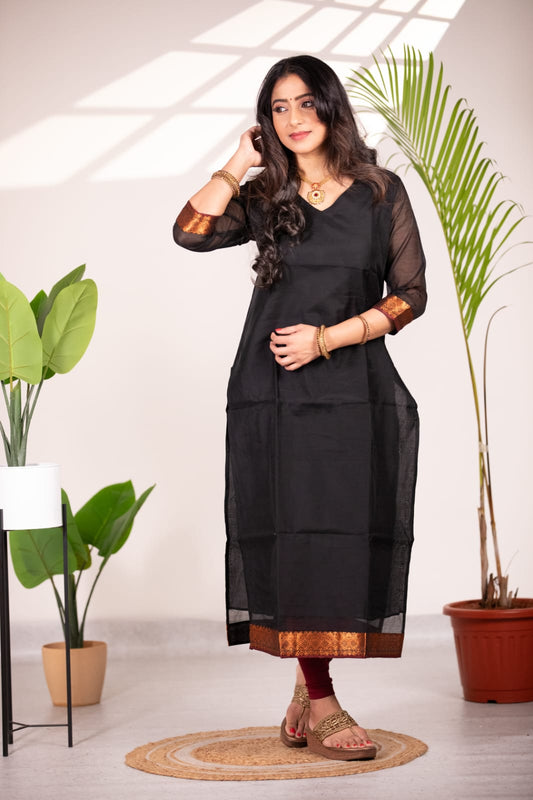 Black zari straight cut Kurta with lining