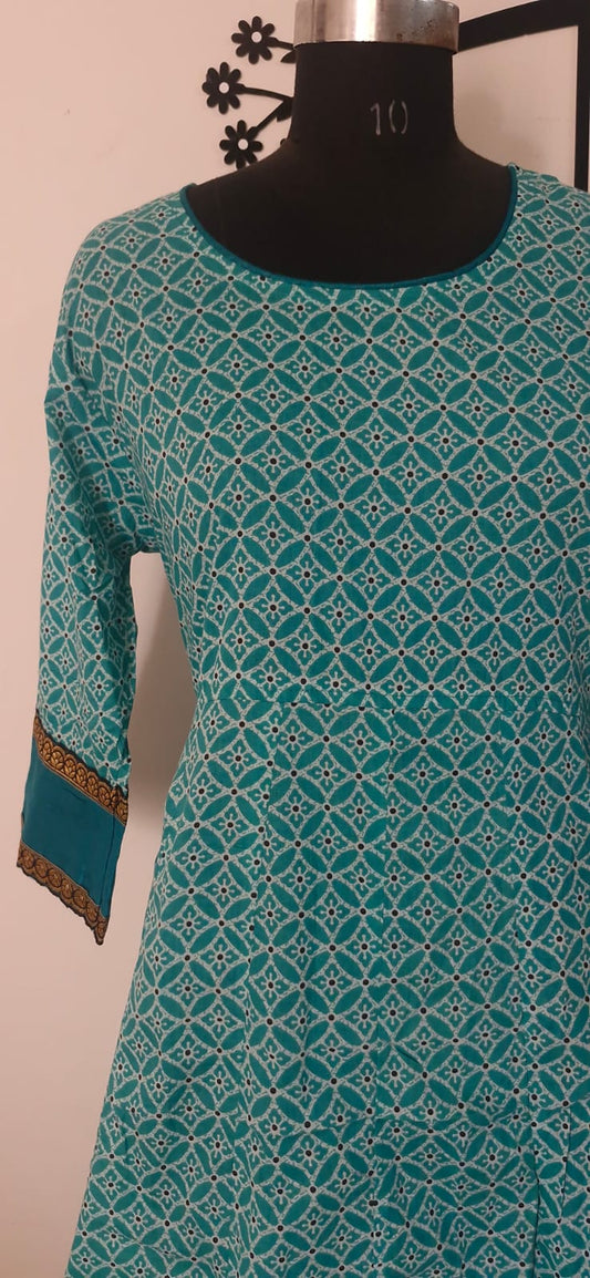 Sea green & white Jaipuri Anarkali