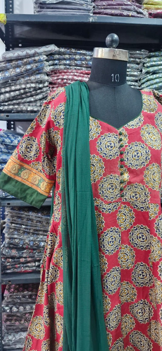 Rustic Brick and Green kalamkari Anarkali