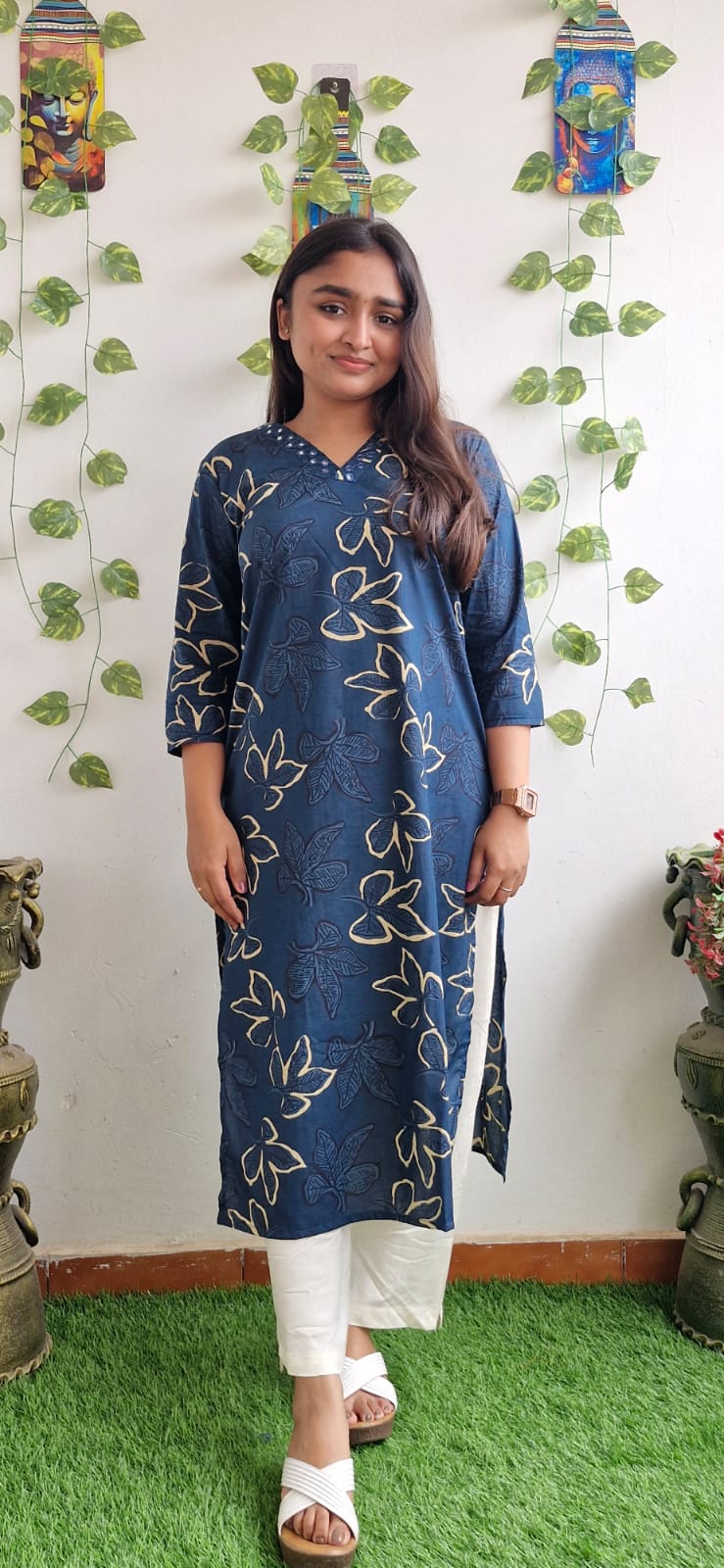Blue floral mirror work kurta