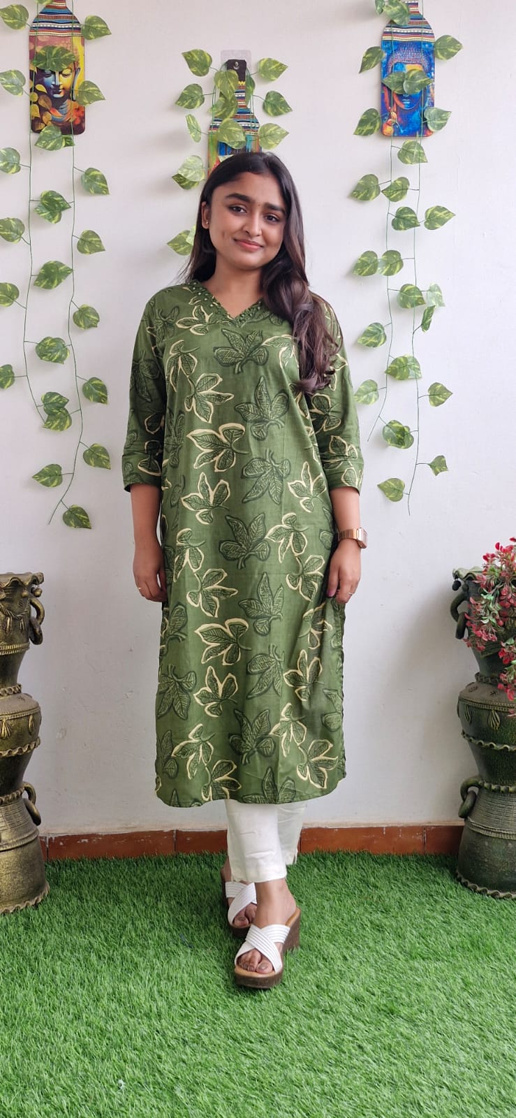 Olive floral mirror work kurta