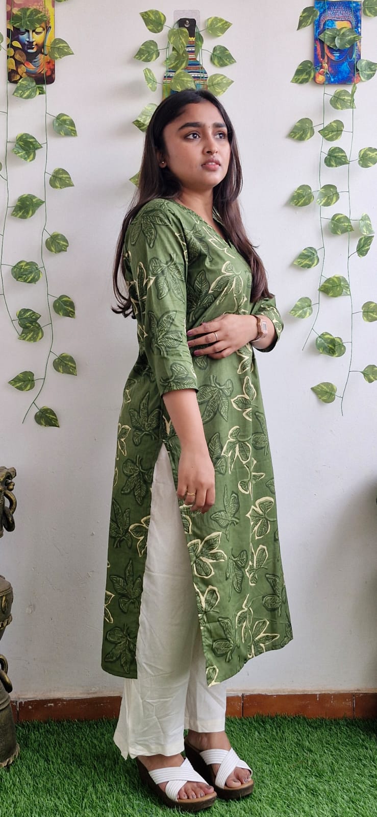 Olive floral mirror work kurta