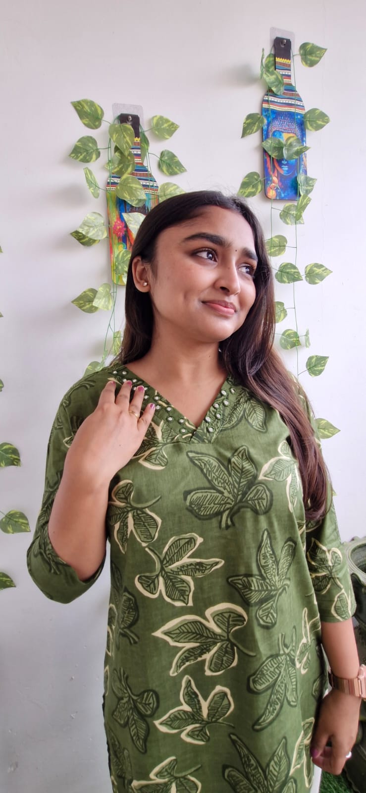 Olive floral mirror work kurta