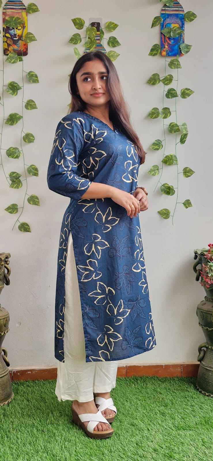 Blue floral mirror work kurta