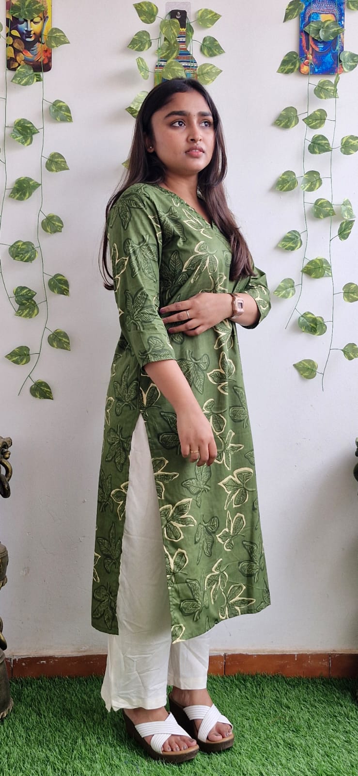 Olive floral mirror work kurta