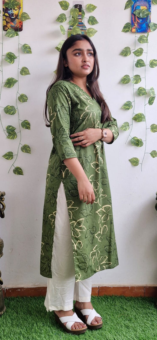Olive floral mirror work kurta