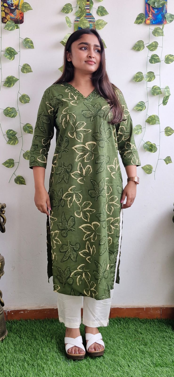 Olive floral mirror work kurta