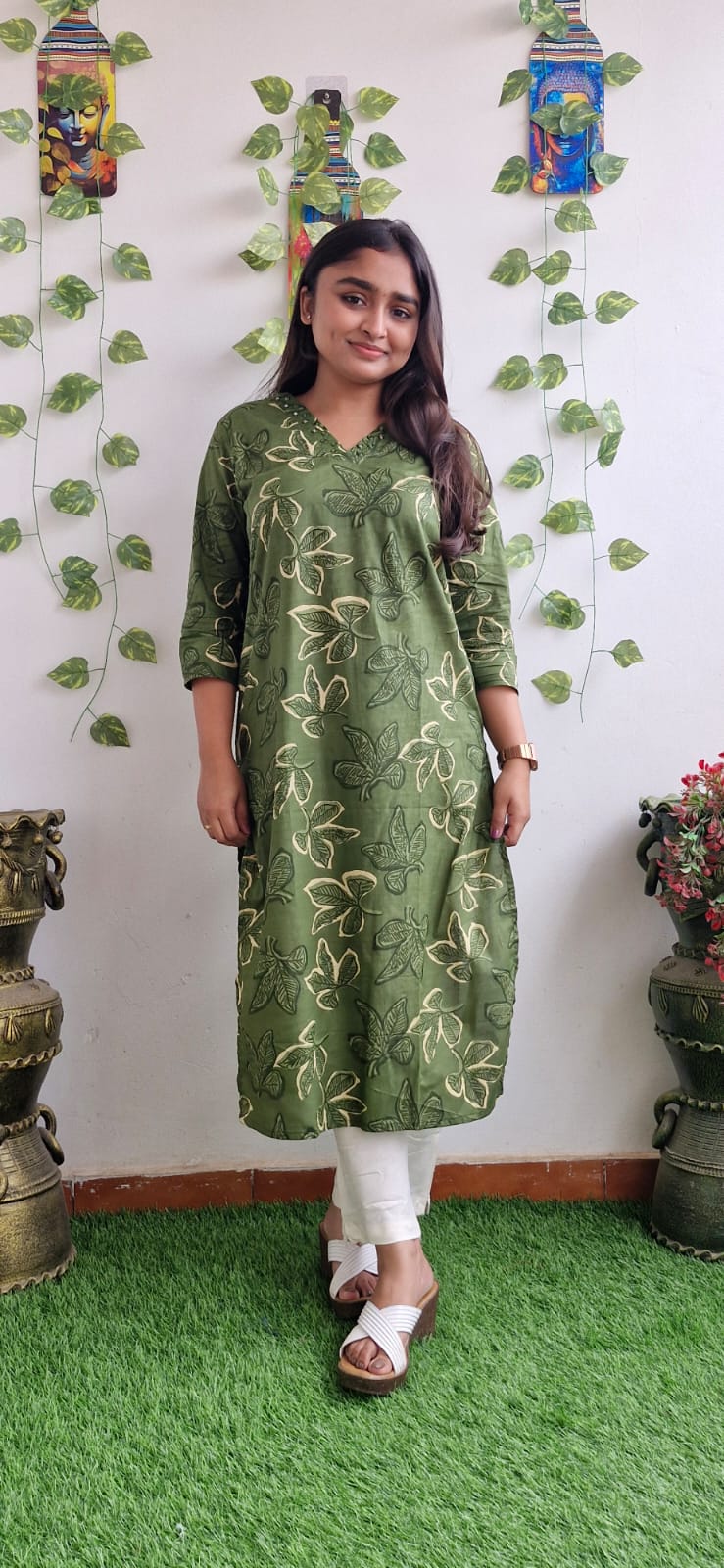 Olive floral mirror work kurta