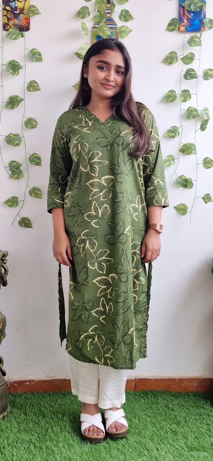Olive floral mirror work kurta