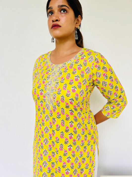 Lime yellow Self [Embroidery] straight cut kurta