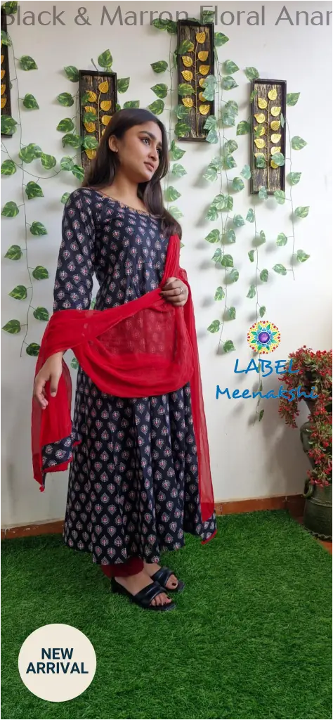 Black & Marron Floral Anarkali [Embroidery] SET T&D