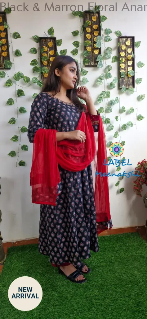 Black & Marron Floral Anarkali [Embroidery] SET T&D