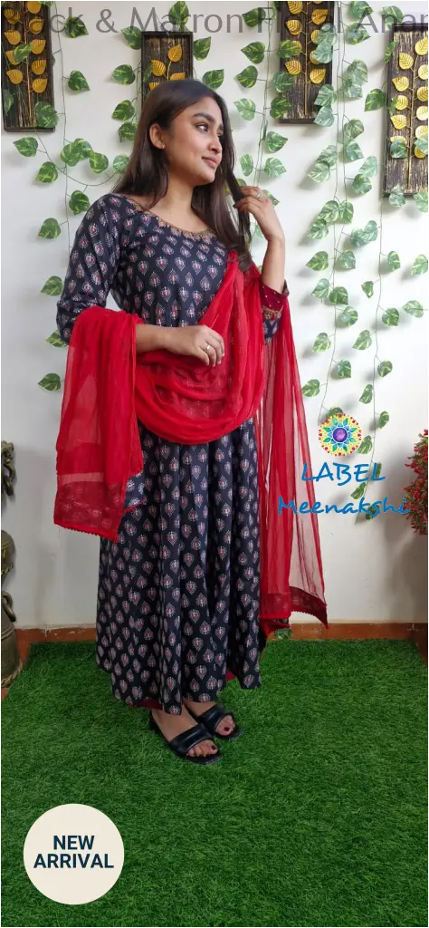 Black & Marron Floral Anarkali [Embroidery] SET T&D