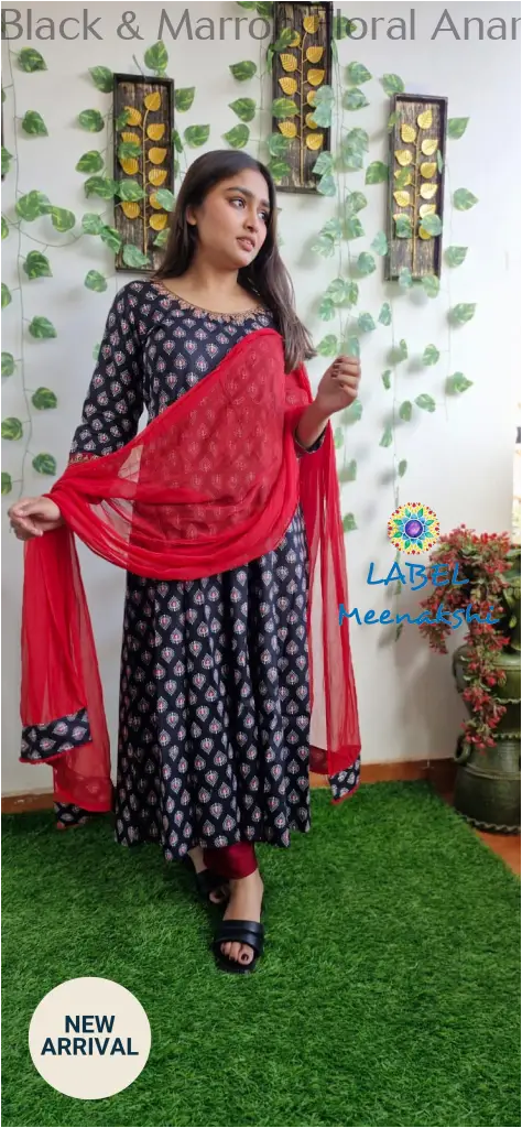 Black & Marron Floral Anarkali [Embroidery] SET T&D
