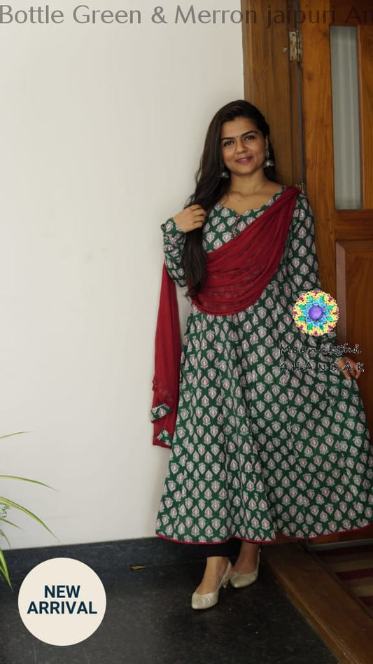 Bottle Green & Merron Jaipuri Anarkali Small Sets