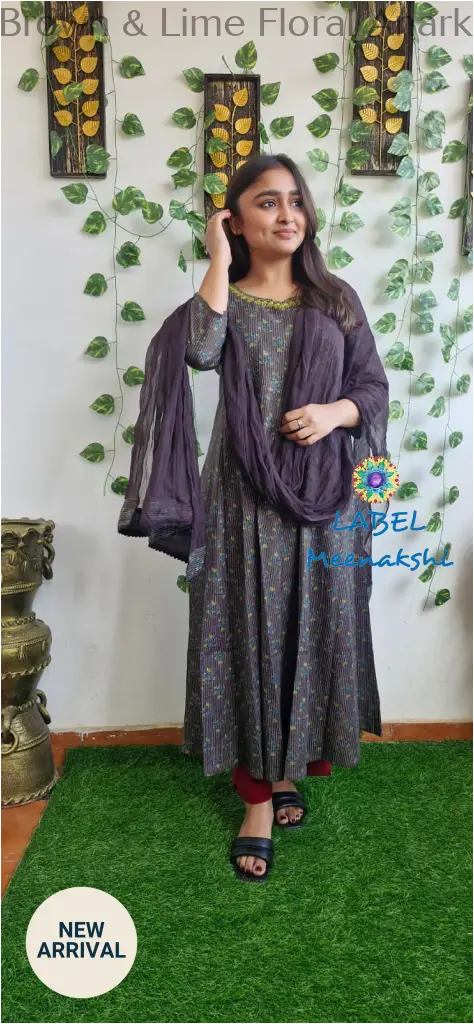 Brown & Lime Floral Anarkali [Embroidery] SET T&D