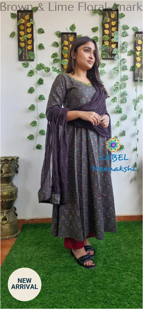 Brown & Lime Floral Anarkali [Embroidery] SET T&D