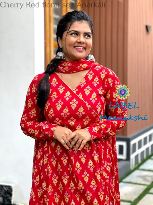 Cherry Red floral self Anarkali Medium SET T&D