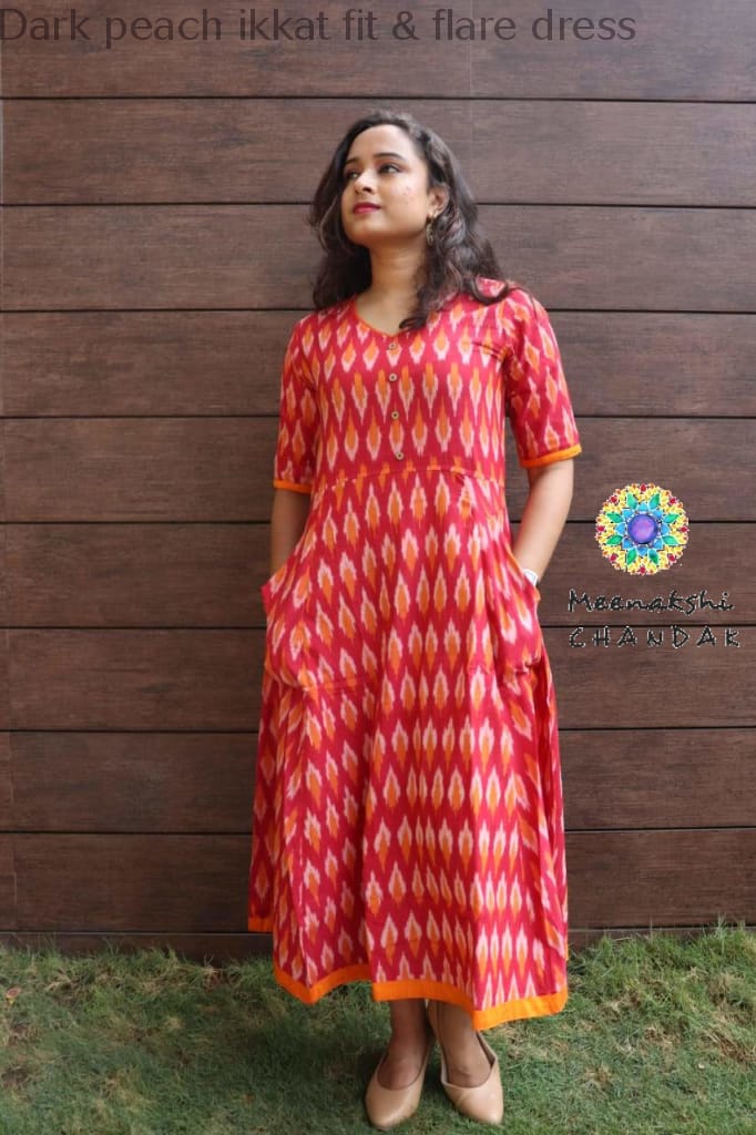 Dark Peach Ikkat Fit & Flare Dress Casuals