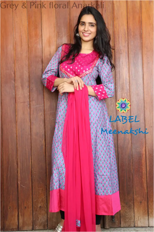 Grey & Pink Floral Jaipuri Anarkali Sets