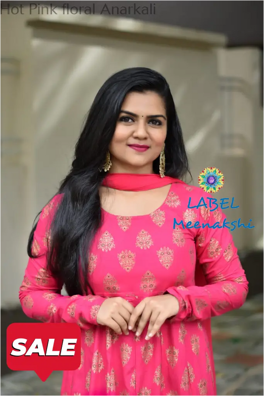 Hot Pink Floral Jaipuri Anarkali Sets