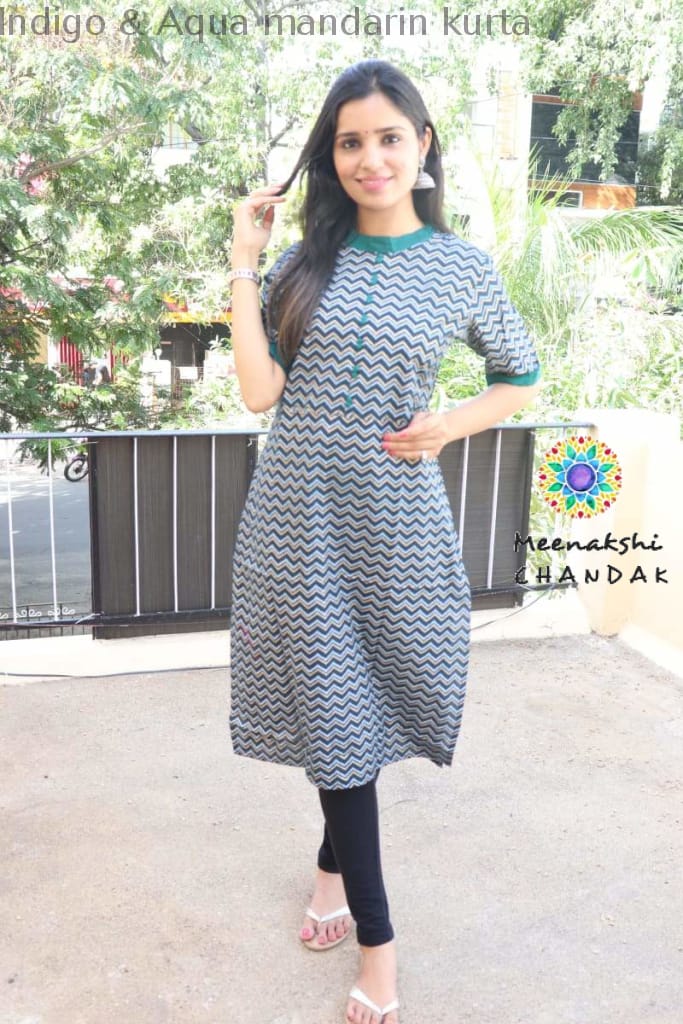 Indigo & Aqua Mandarin Kurta Best Offers