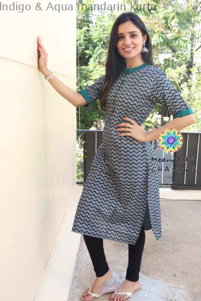 Indigo & Aqua Mandarin Kurta Best Offers