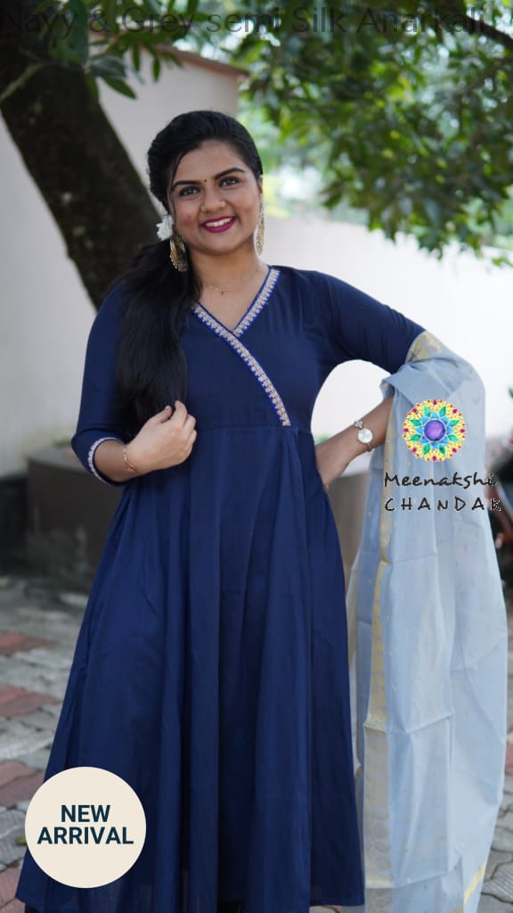 Navy & Grey Semi Silk Anarkali Sets