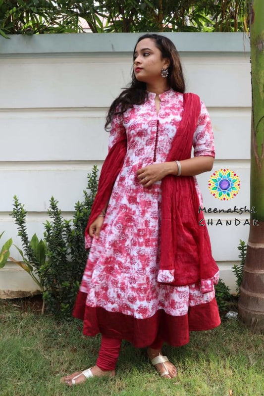 Off White Mandarin& Merron Anarkali With Duppatta Anarkali