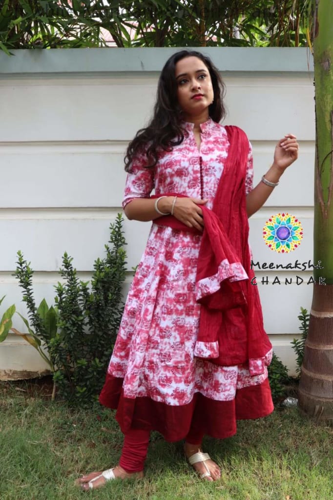 Off White Mandarin& Merron Anarkali With Duppatta Anarkali