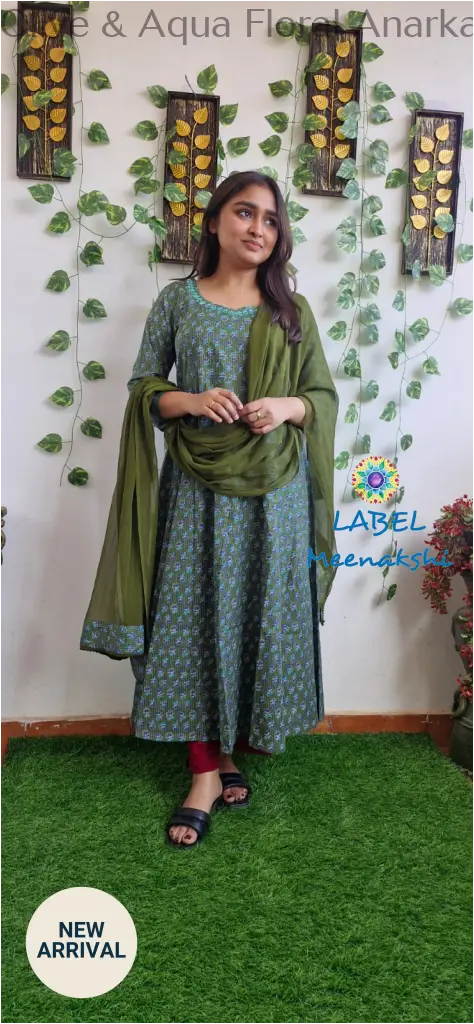 Olive & Aqua Floral Anarkali [Embroidery] SET T&D