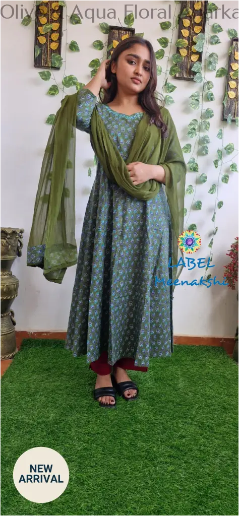 Olive & Aqua Floral Anarkali [Embroidery] SET T&D