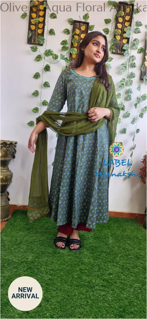 Olive & Aqua Floral Anarkali [Embroidery] SET T&D