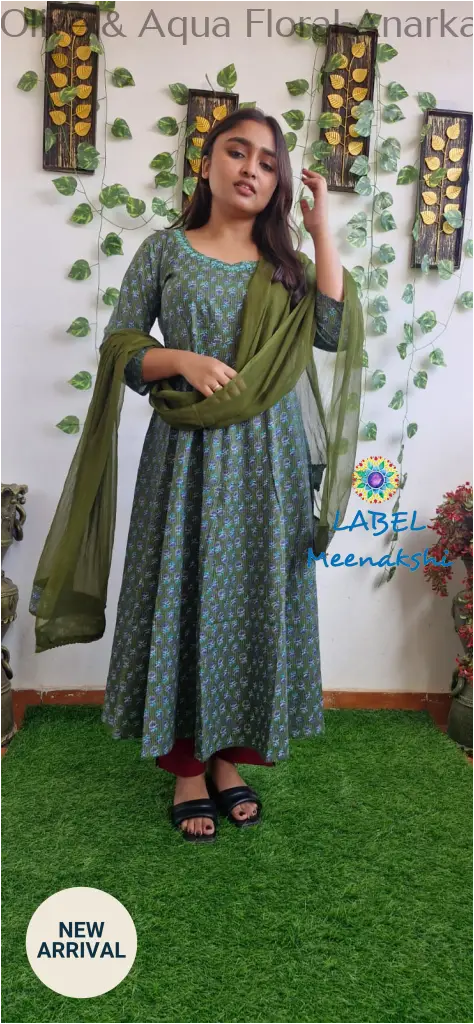 Olive & Aqua Floral Anarkali [Embroidery] SET T&D