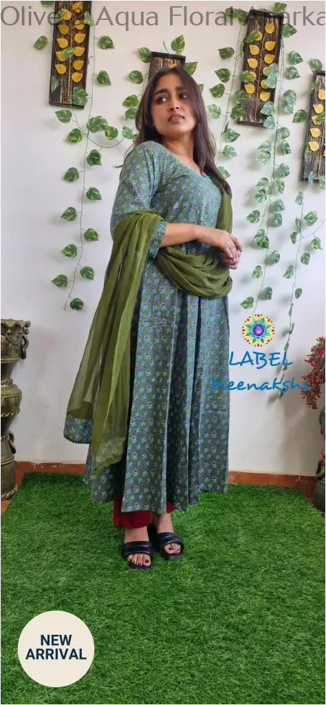Olive & Aqua Floral Anarkali [Embroidery] SET T&D
