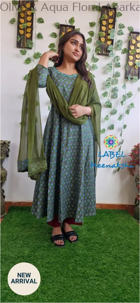 Olive & Aqua Floral Anarkali [Embroidery] SET T&D