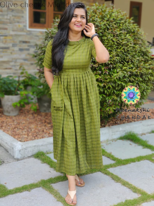 Olive Checks Midi Dress Casuals