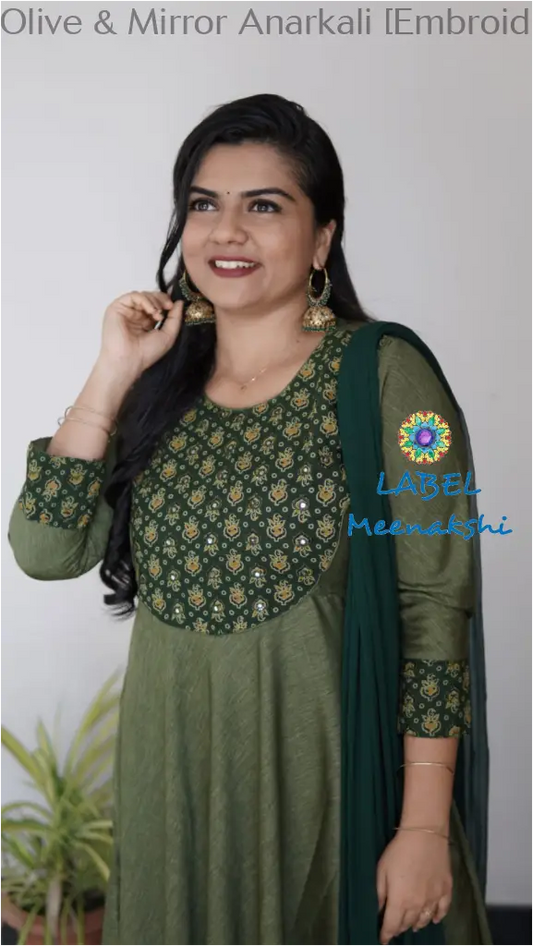 Olive & Mirror Emblished Solid Anarkali Sets